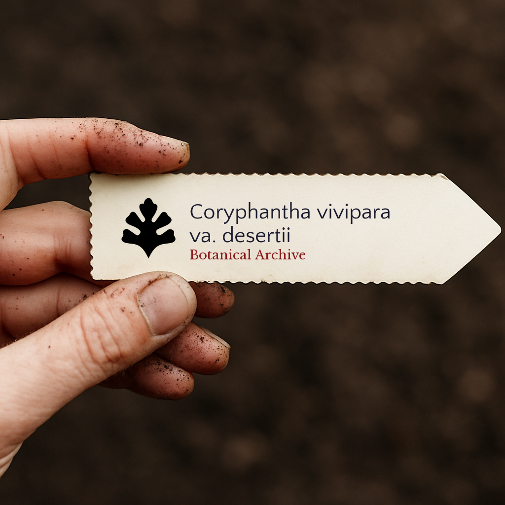 Printed plant label for Coryphantha vivipara va. desertii held by hand with soil background