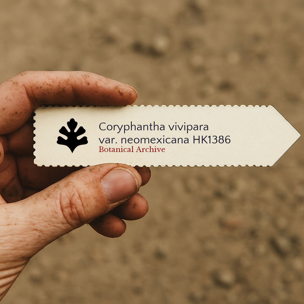 Printed plant label for Coryphantha vivipara var. neomexicana held in dirty hand outdoors