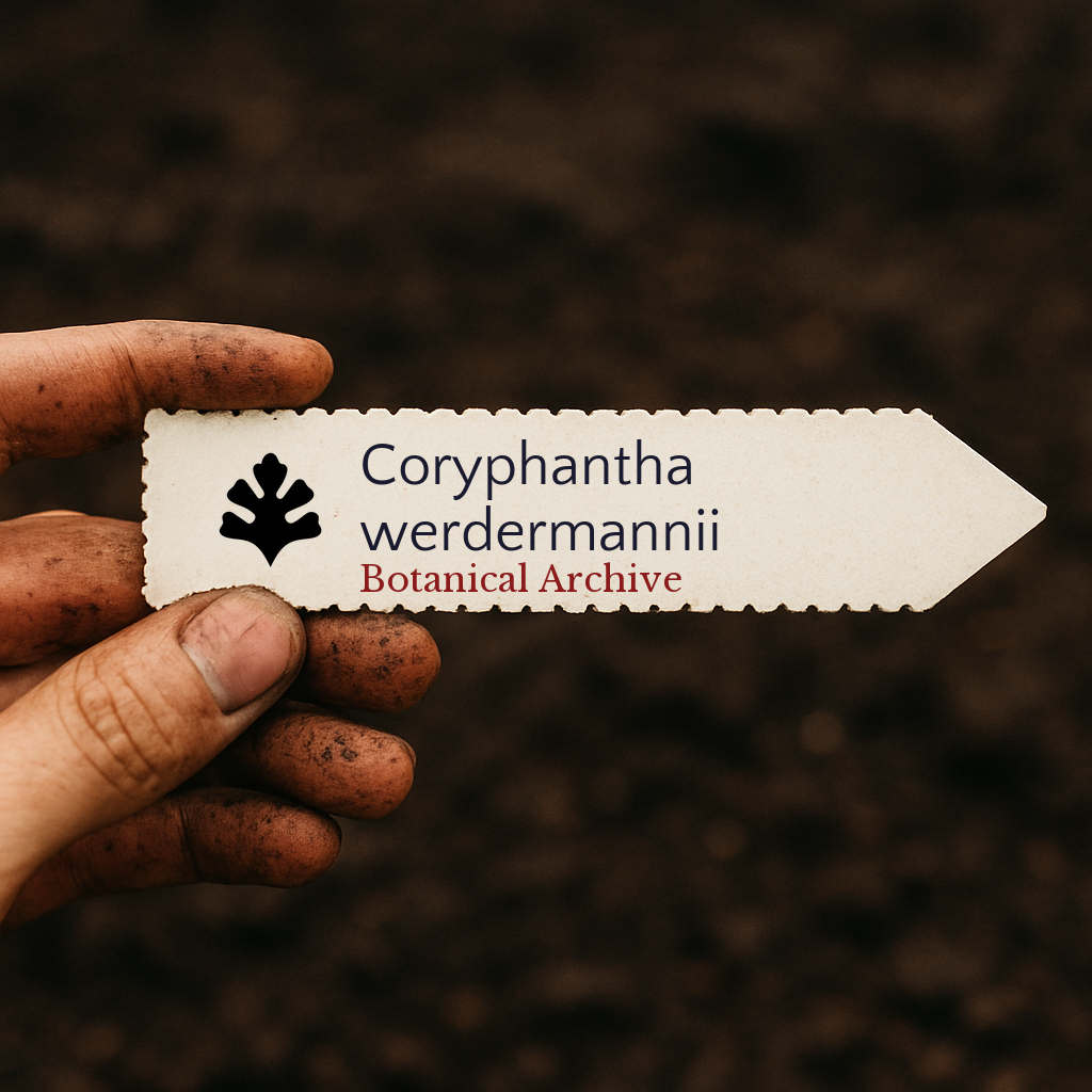 Etichetta per pianta stampata per Coryphantha werdermannii tenuta da mano sporca su sfondo di terreno