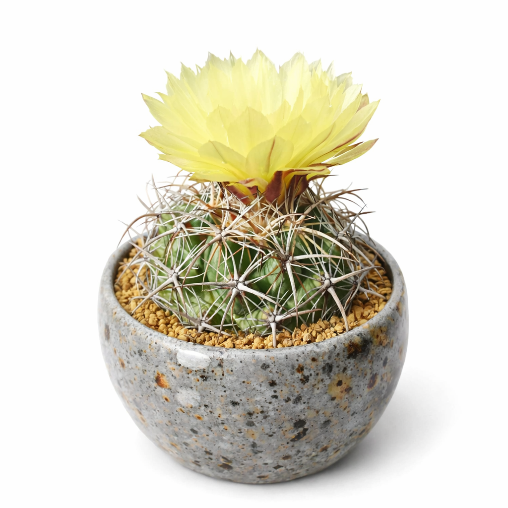 Cactus Coryphantha pycnacantha con fiore giallo e spine lunghe in vaso in ceramica maculata