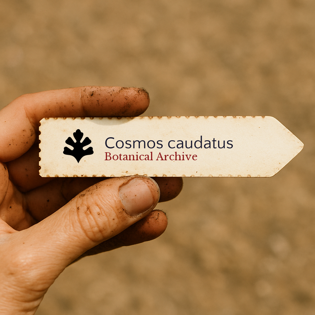Etichetta per pianta stampata per Cosmos caudatus tenuta da una mano sporca con sfondo di terra
