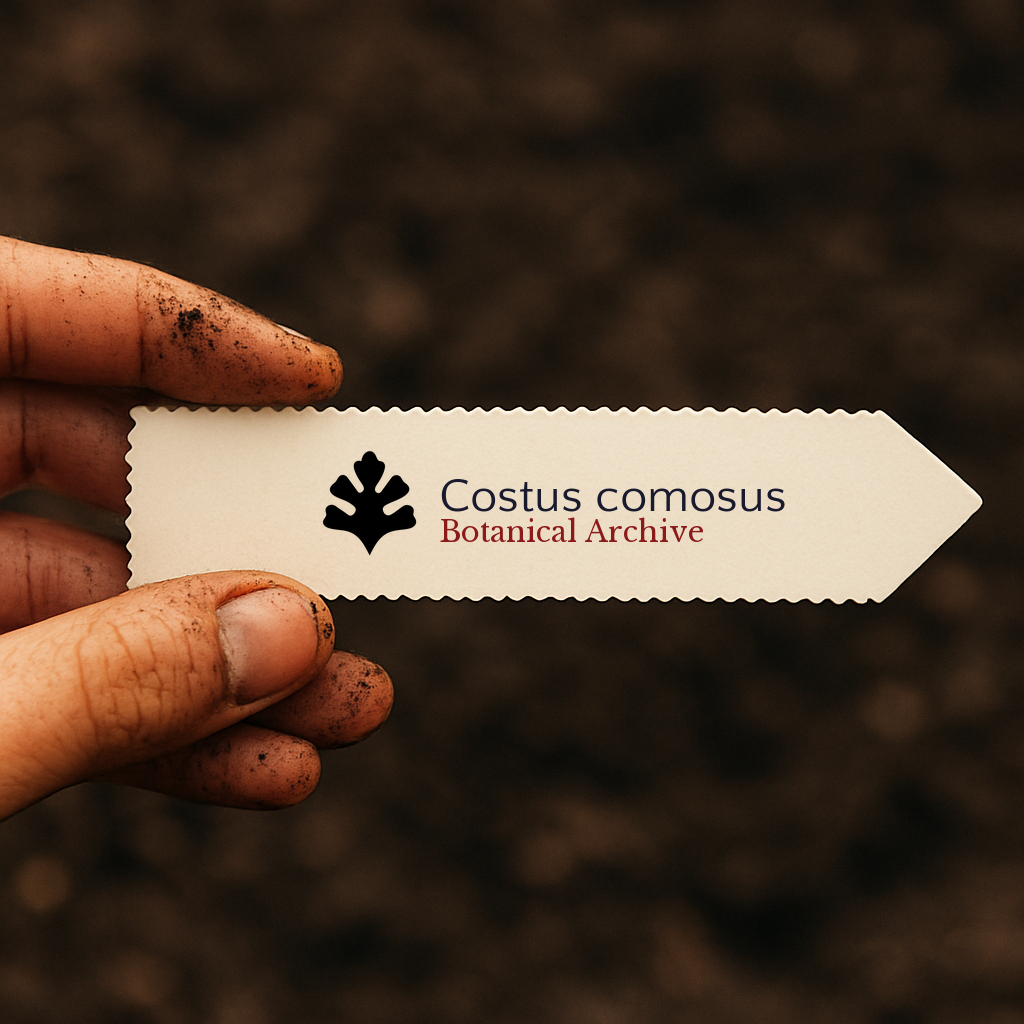 Etichetta per pianta stampata per Costus comosus con logo Botanical Archive tenuta sopra il terreno