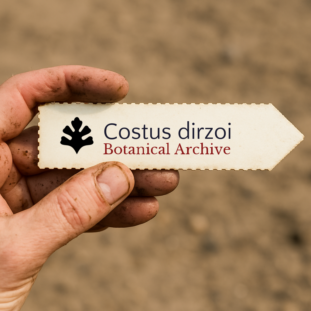 Printed plant label for Costus dirzoi held by dirty hand with blurred soil background