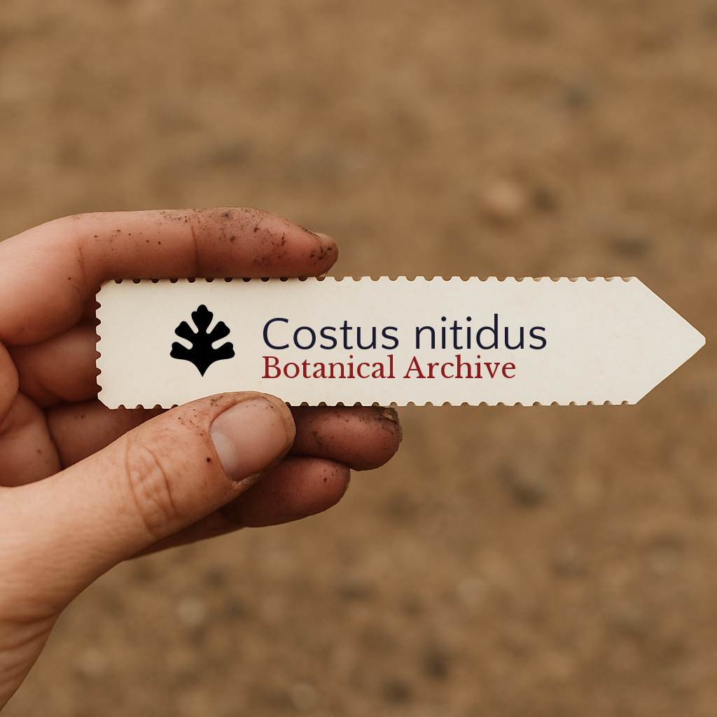 Printed plant label for Costus nitidus held by hand over soil background