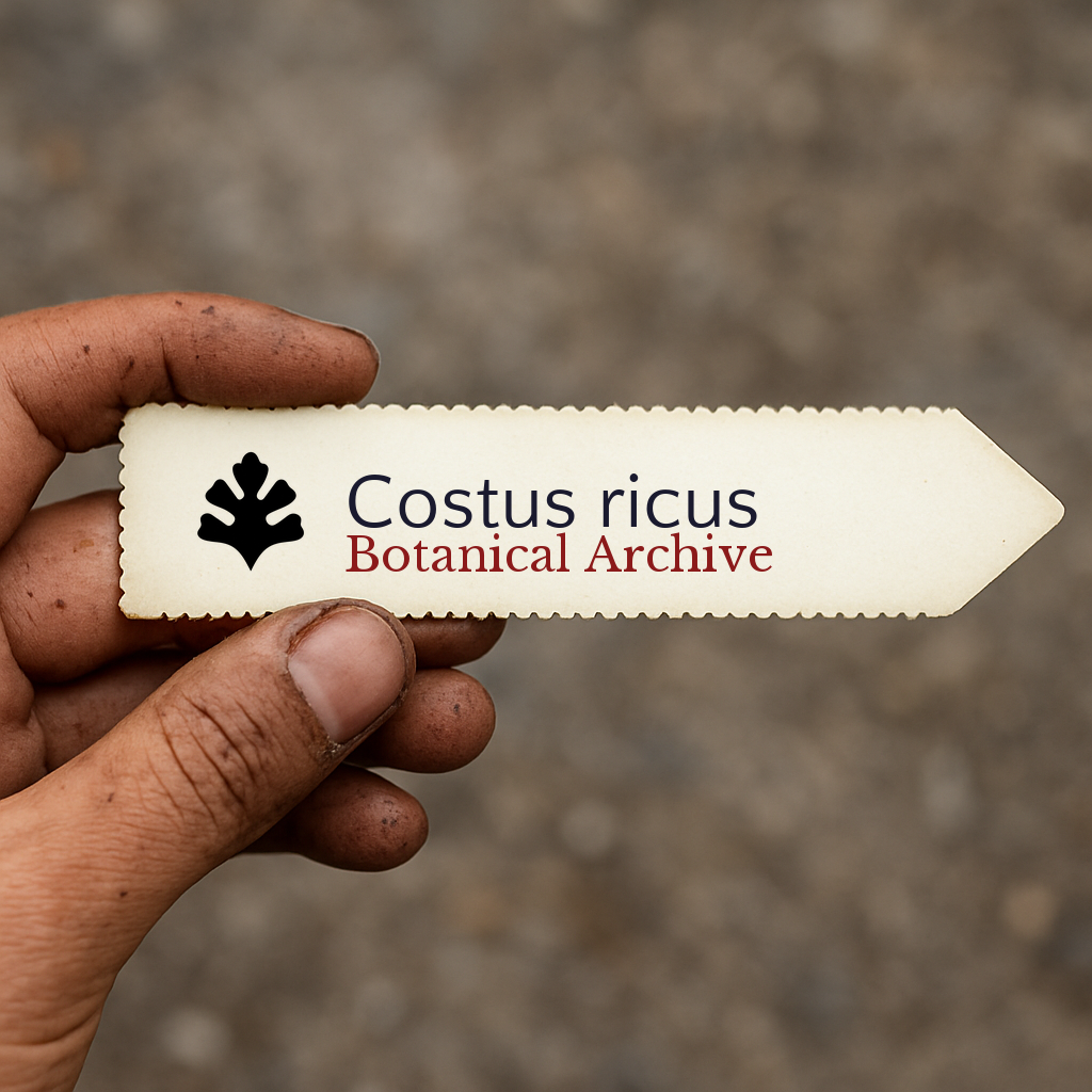 Etichetta vegetale stampata per Costus ricus con il logo di Botanical Archive tenuta in mano