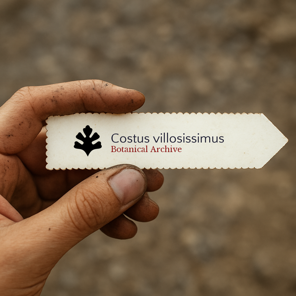 Etichetta per piante stampata per Costus villosissimus tenuta in mano con sfondo di terra
