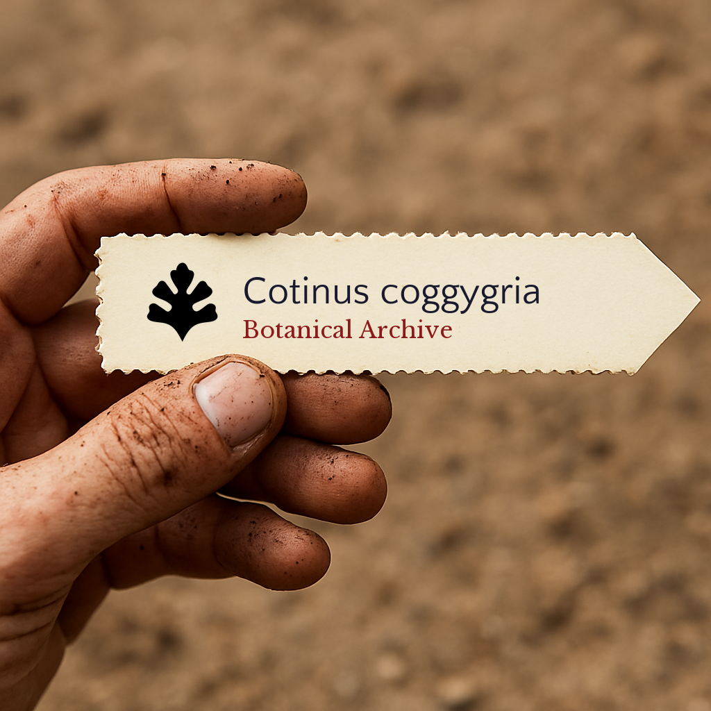 Printed plant label for Cotinus coggygria held by dirty hand over soil background