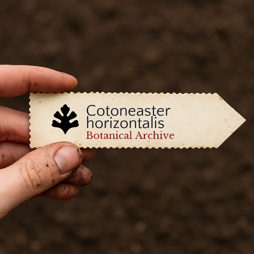 Etichetta per pianta stampata per Cotoneaster horizontalis su sfondo di terreno