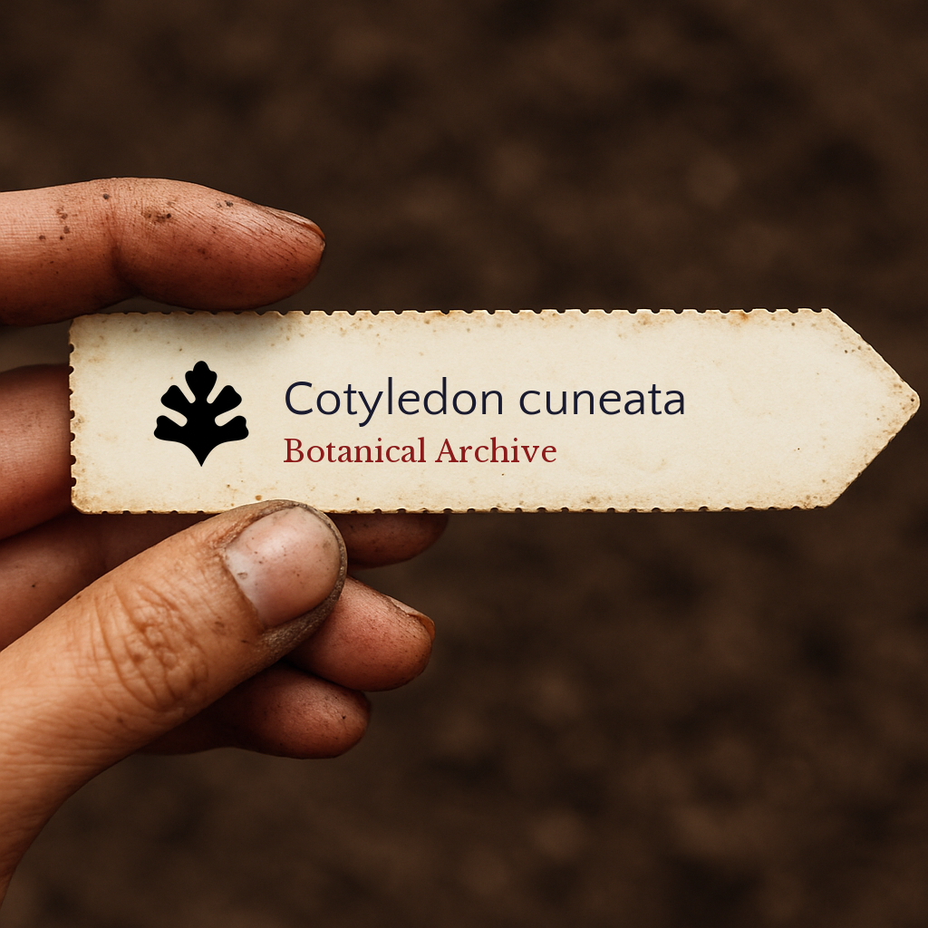 Printed plant label for Cotyledon cuneata held by dirty hand over soil background