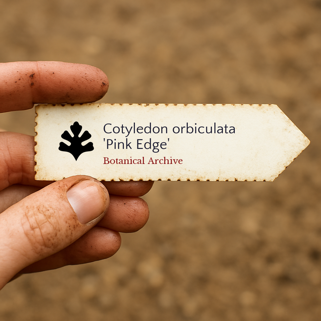 Printed plant label for Cotyledon orbiculata 'Pink Edge' held by dirty hand