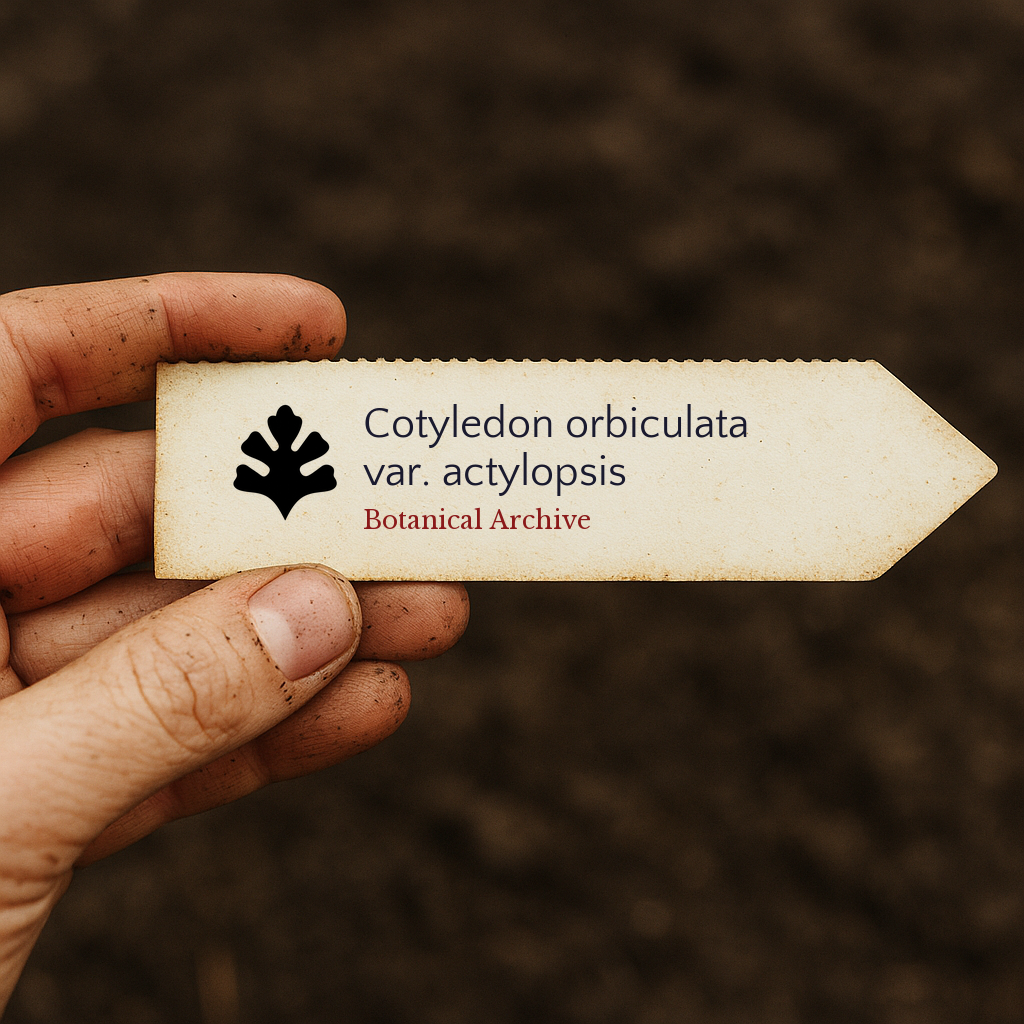 Printed plant label for Cotyledon orbiculata var. actylopsis held over soil background