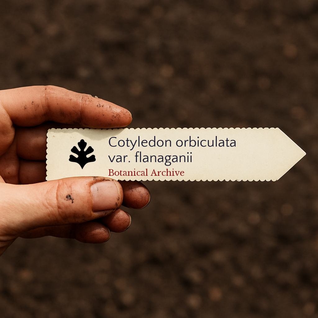 Printed plant label for Cotyledon orbiculata var. flanaganii held with soil background