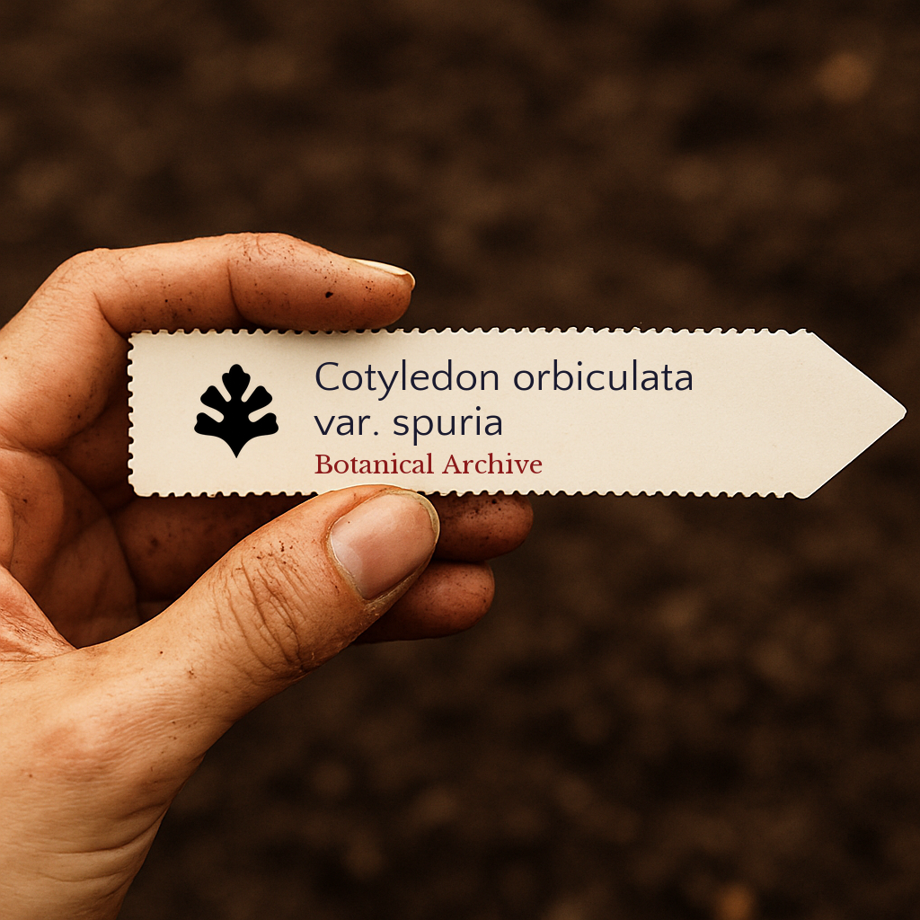 Printed plant label for Cotyledon orbiculata var. spuria held over soil background