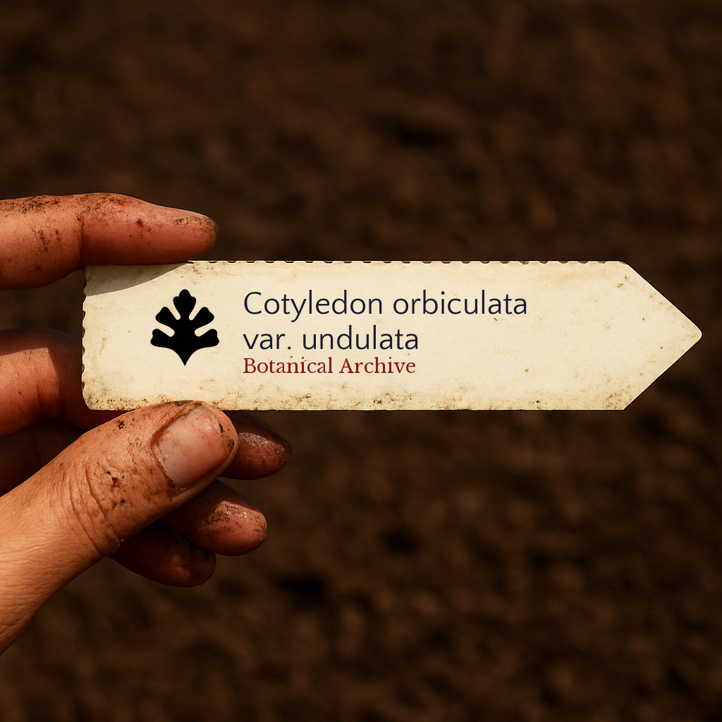 Printed plant label for Cotyledon orbiculata var. undulata held over soil background