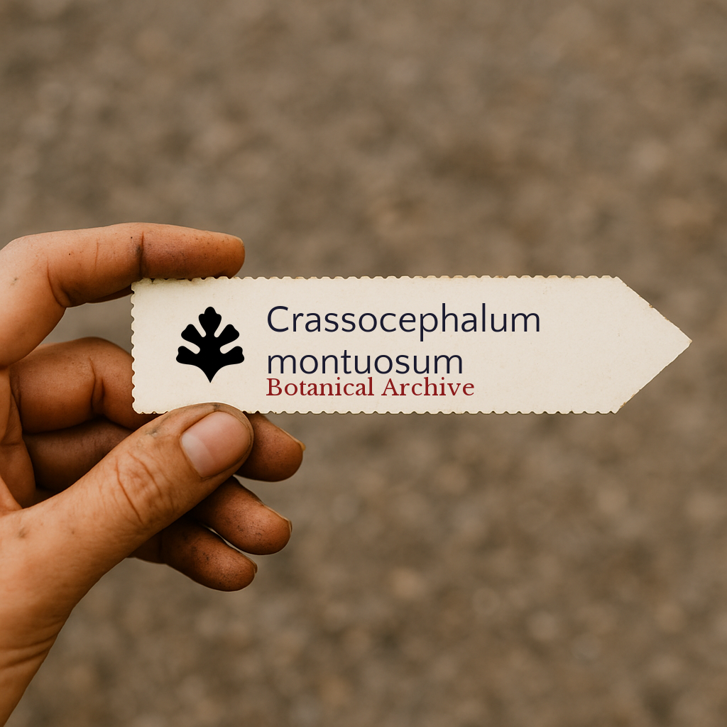 Printed plant label for Crassocephalum montuosum with botanical archive logo held by hand