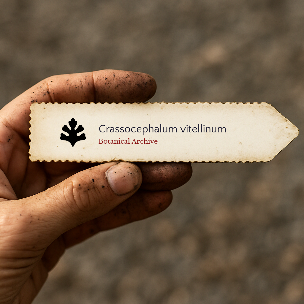 Printed plant label for Crassocephalum vitellinum held by dirty hand outdoors