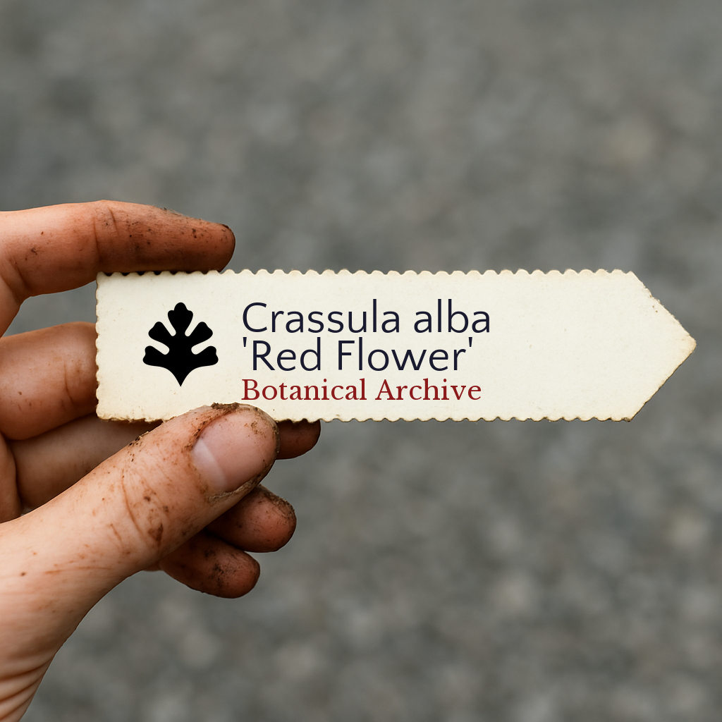 Printed plant label for Crassula alba 'Red Flower' held in hand with dirt background