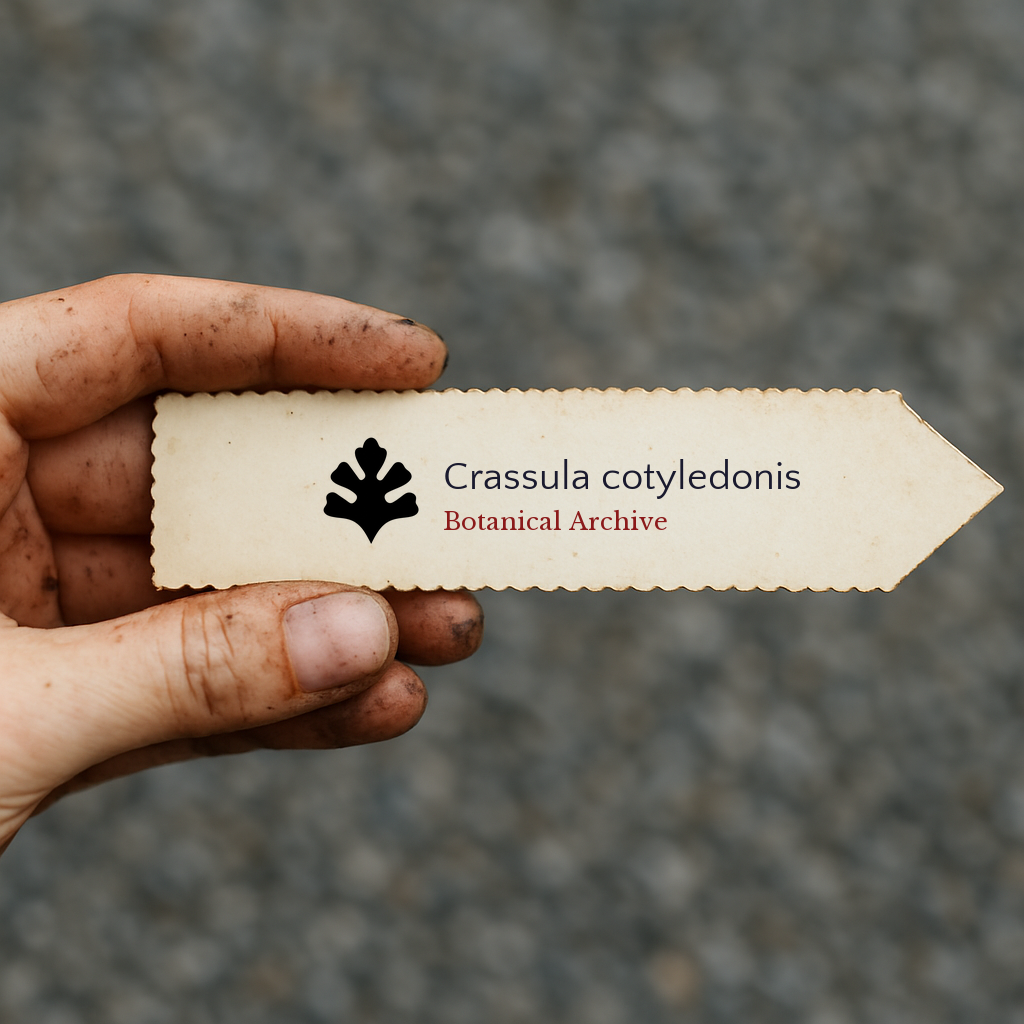 Printed plant label for Crassula cotyledonis with botanical archive logo held by hand