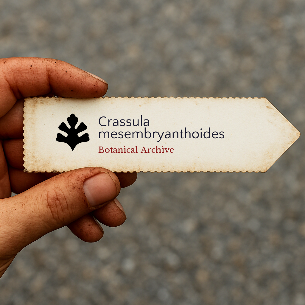 Etichetta per piante in stile vintage stampata per Crassula mesembryanthoides tenuta a mano