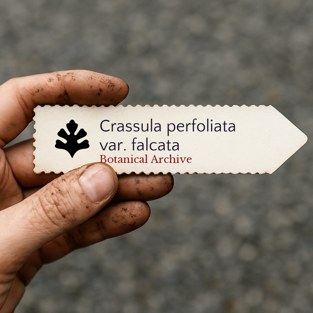 Etichetta per pianta stampata per Crassula perfoliata var. falcata tenuta da mano sporca all'aperto