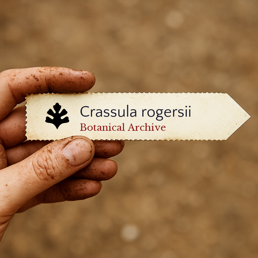 Printed plant label for Crassula rogersii held by dirty hand with blurred soil background