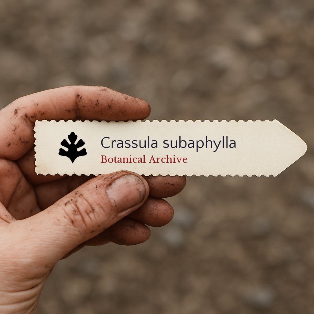 Etichetta da pianta stampata per Crassula subaphylla tenuta da una mano sporca all'aperto