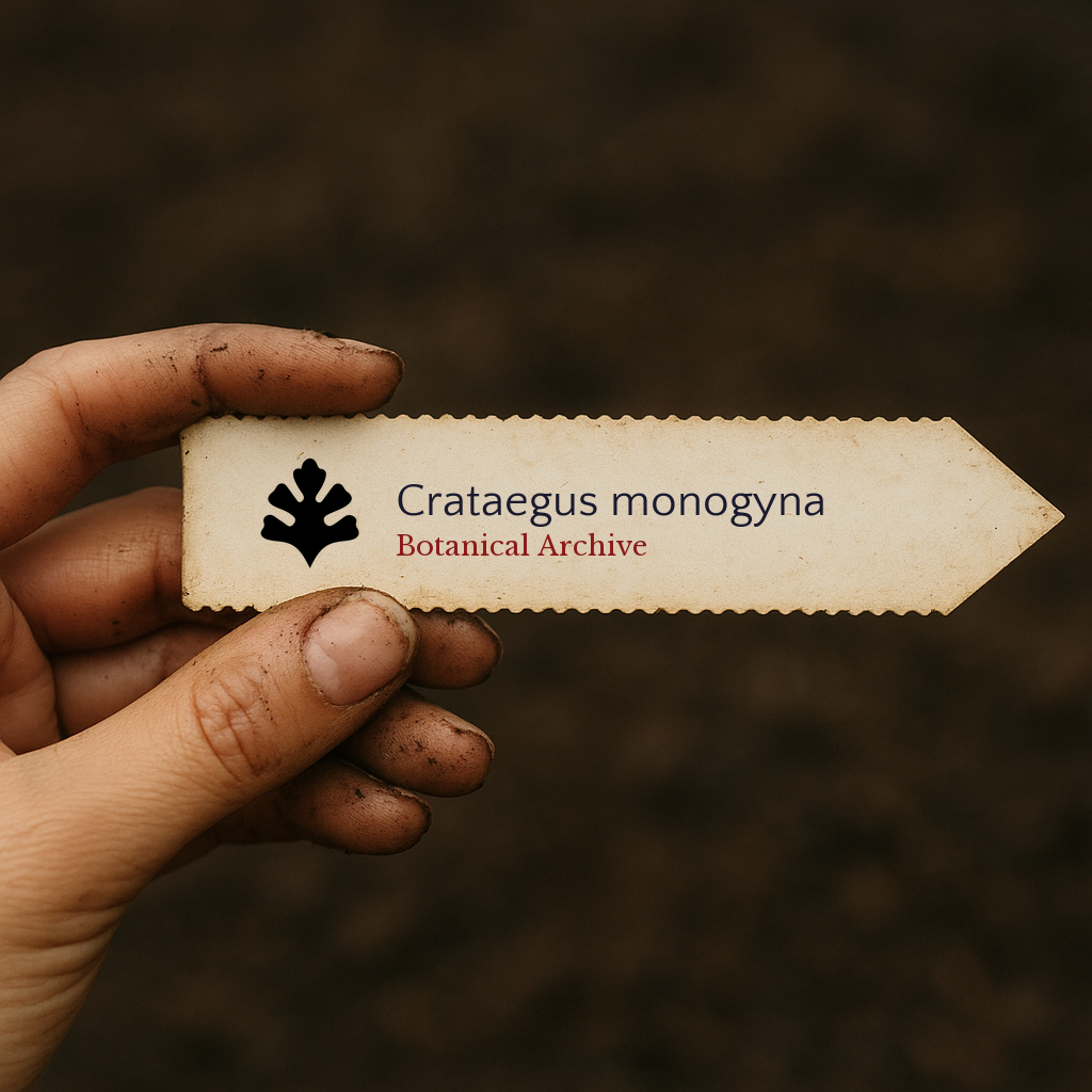 Printed plant label for Crataegus monogyna held by dirty hand against soil background