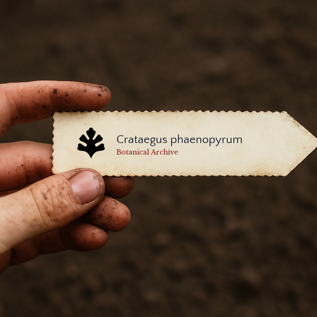 Printed plant label for Crataegus phaenopyrum held by dirty hand over soil background