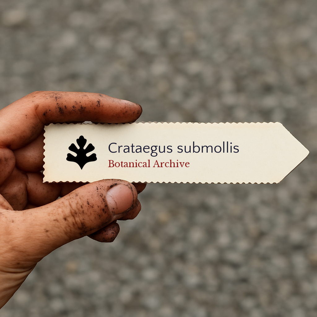 Printed plant label for Crataegus submollis held by dirty hand on gravel background