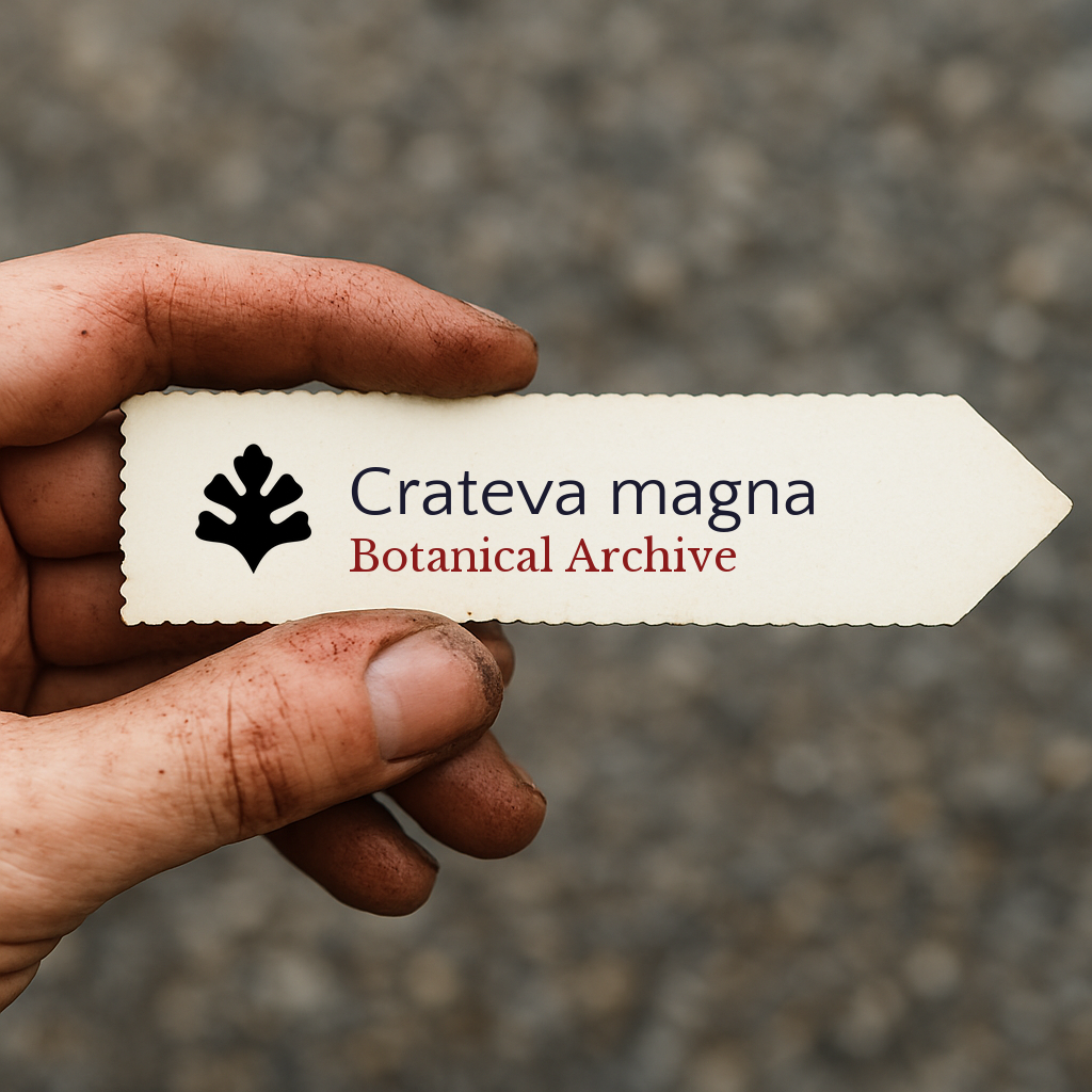 Printed plant label for Crateva magna held by dirty hand outdoors