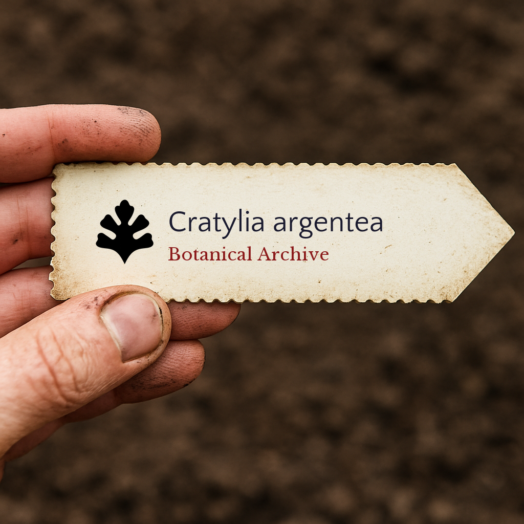 Printed plant label for Cratylia argentea held by hand over soil background