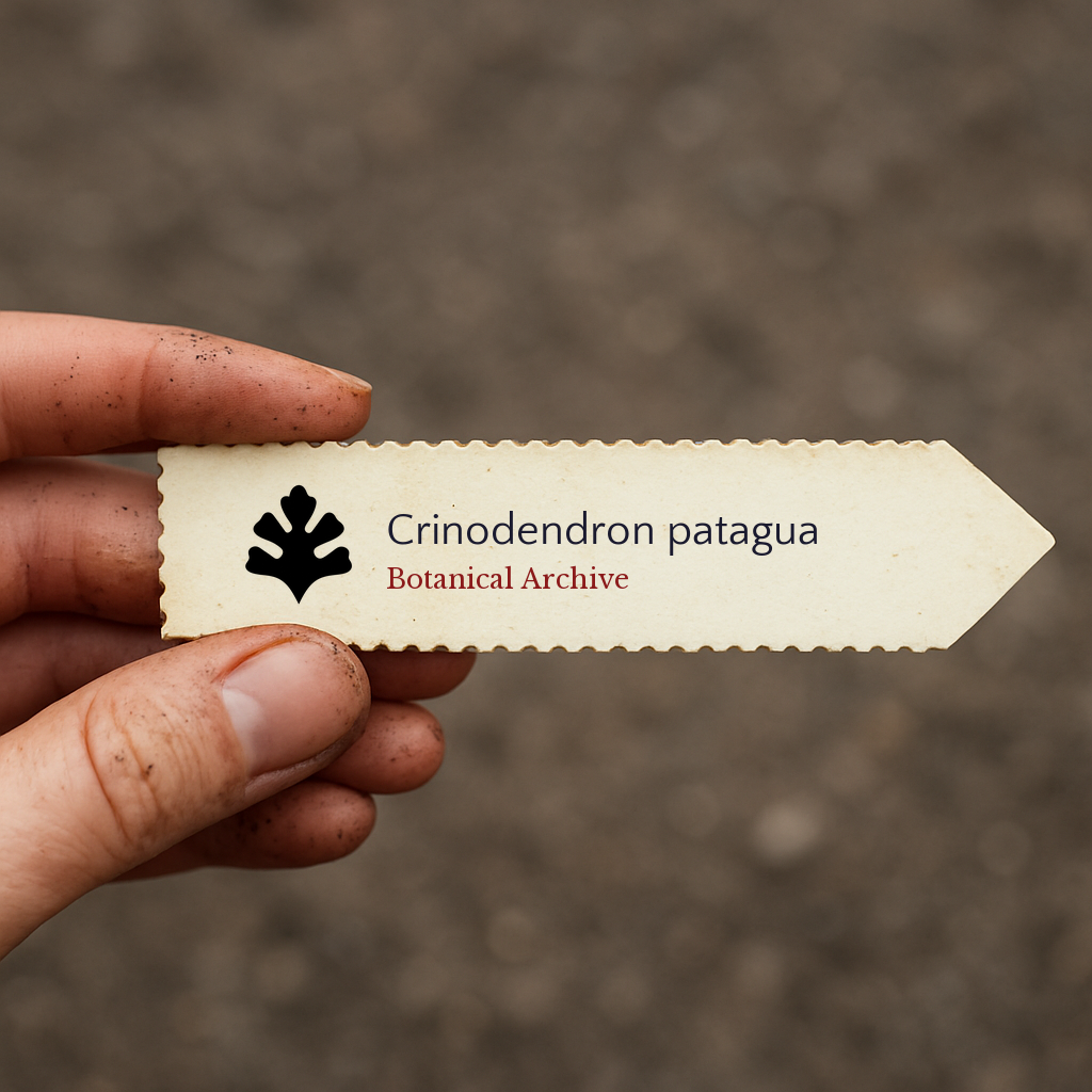 Printed plant label for Crinodendron patagua held by hand with soil background