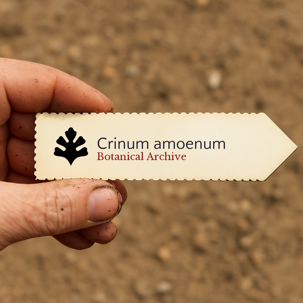 Etichetta stampata per piante di Crinum amoenum su sfondo di terreno
