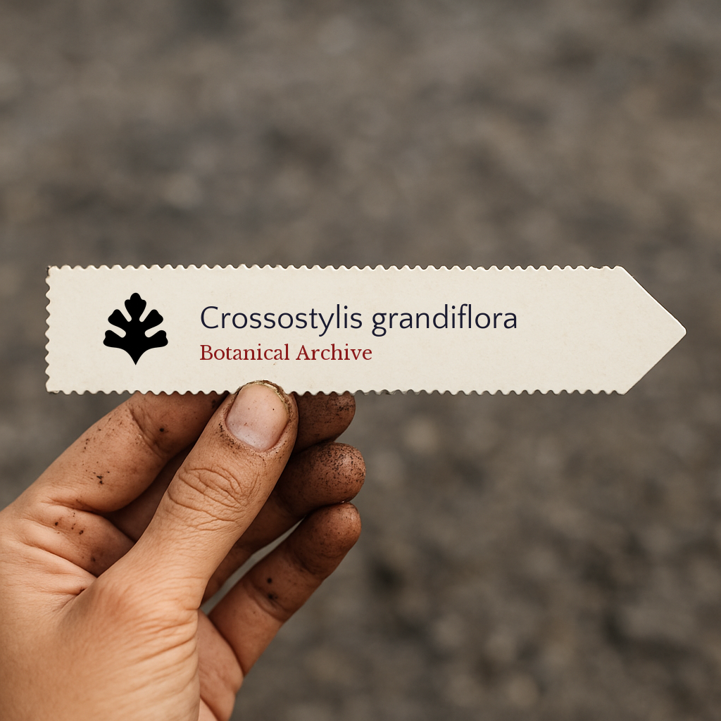 Printed plant label for Crossostylis grandiflora held by hand with soil-stained fingers