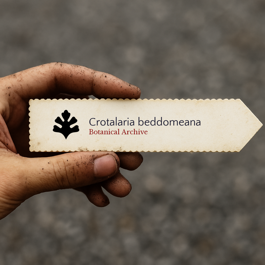 Etichetta per pianta stampata per Crotalaria beddomeana con logo Botanical Archive in mano