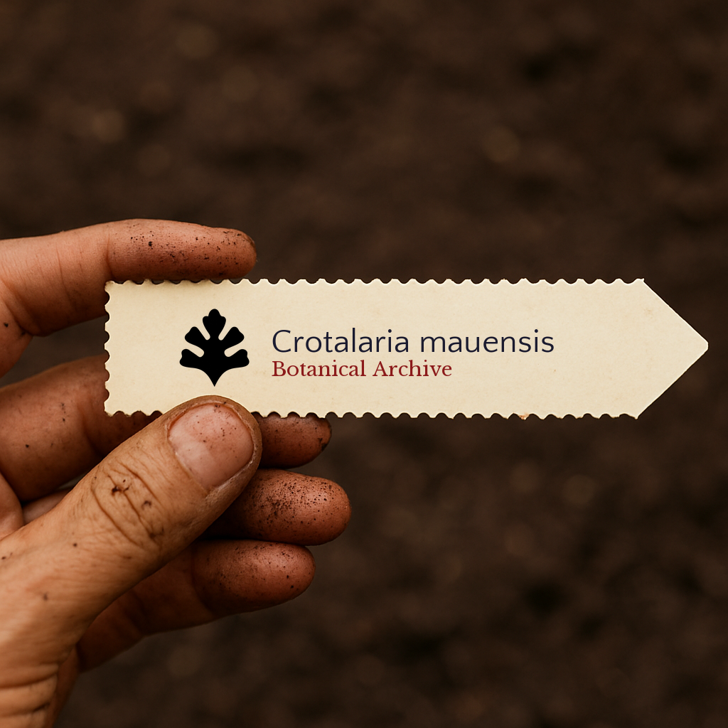 Printed plant label for Crotalaria mauensis held by dirty hand over soil background