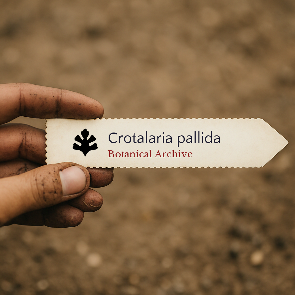 Etichetta per pianta stampata di Crotalaria pallida tenuta da mano sporca su sfondo di terreno