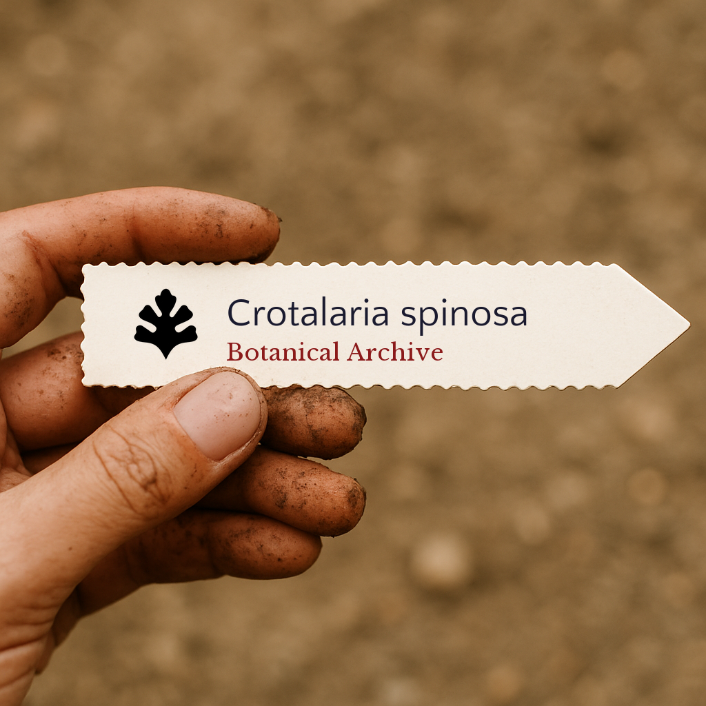Printed plant label for Crotalaria spinosa held by dirty hand over soil background