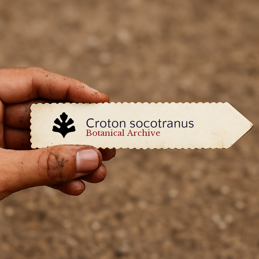 Etichetta per pianta stampata per Croton socotranus tenuta in mano con sfondo di terra