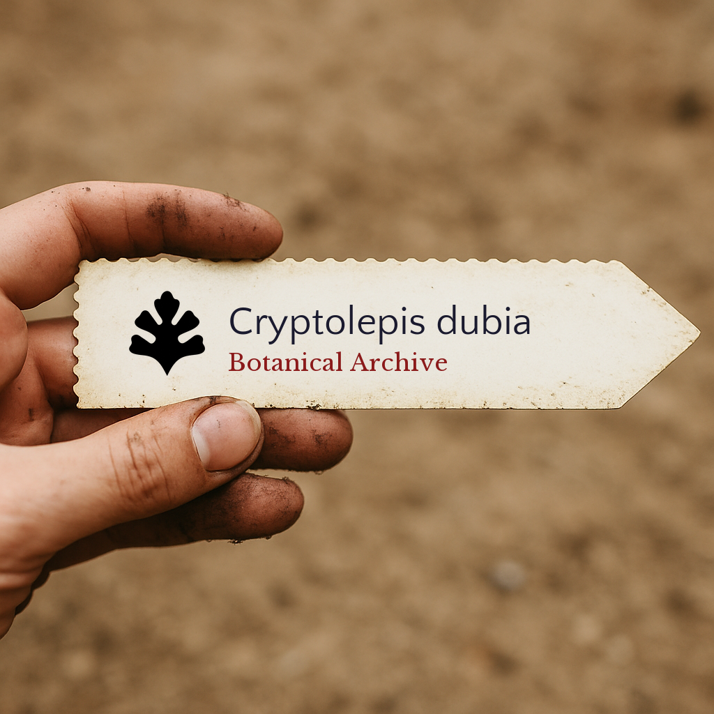 Printed plant label for Cryptolepis dubia held by dirty hand over soil background