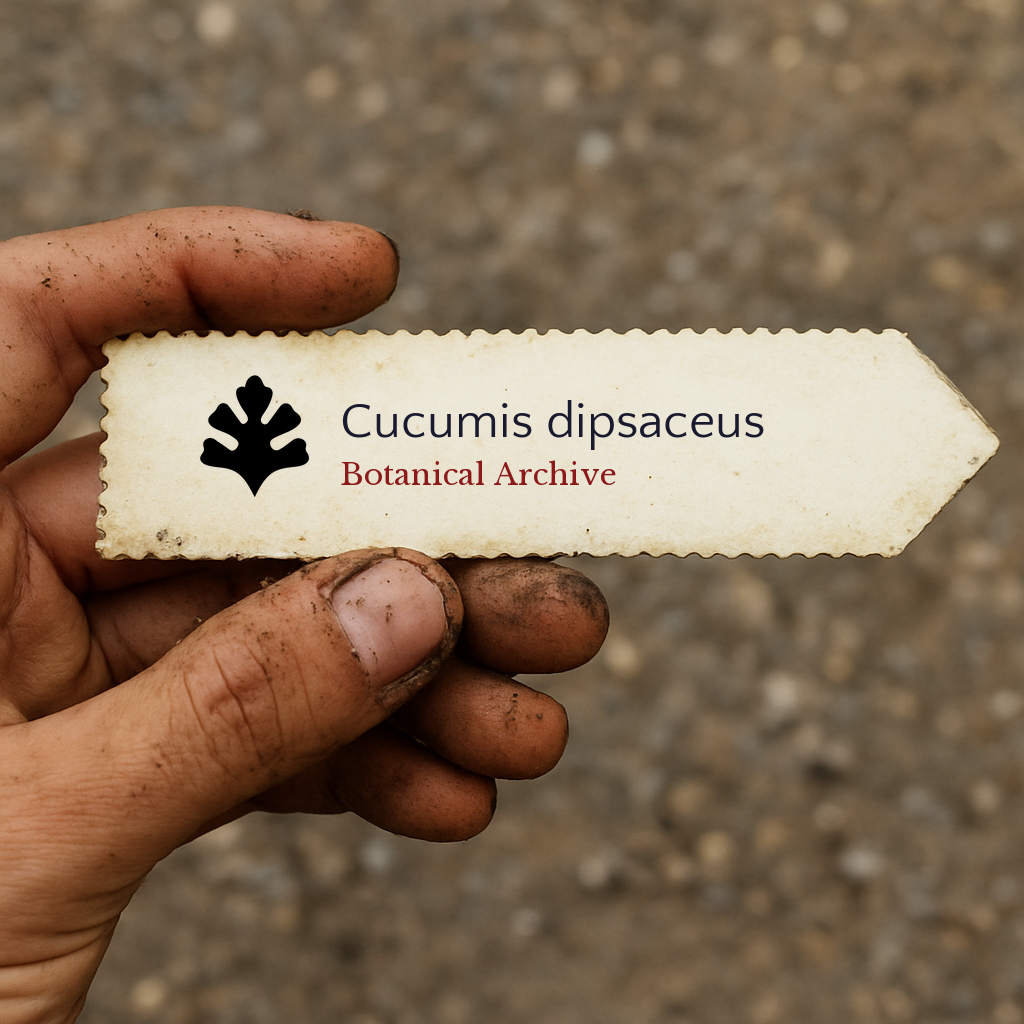 Printed plant label for Cucumis dipsaceus held by dirty hand with blurred soil background