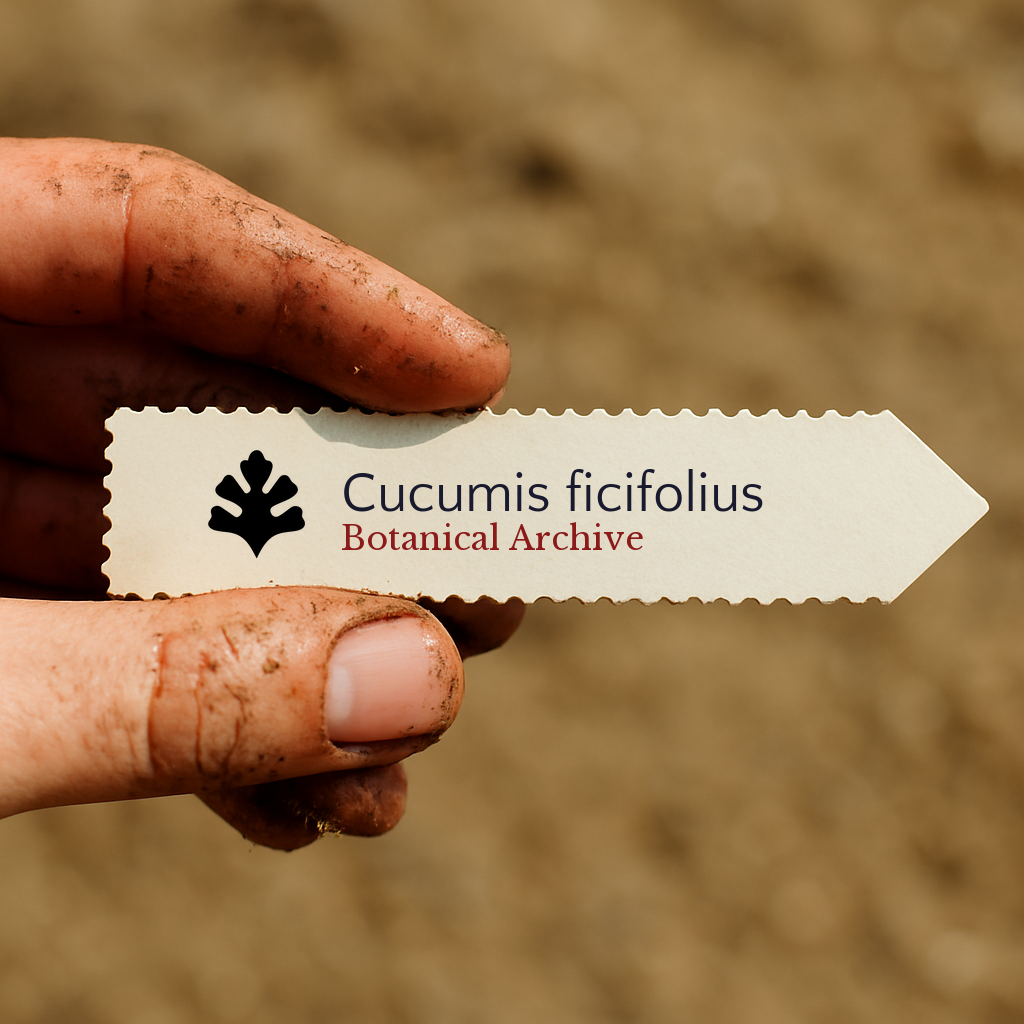 Printed plant label for Cucumis ficifolius held by dirty hand over soil background