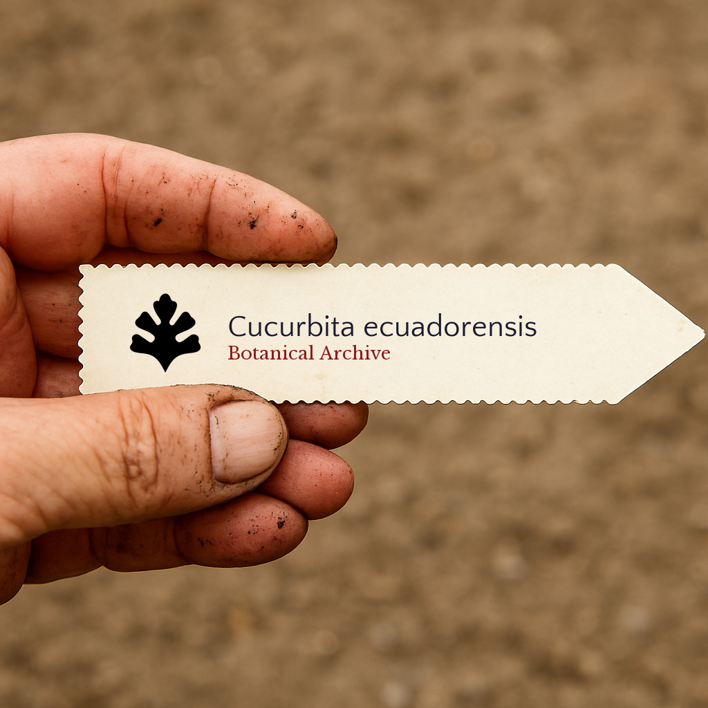 Printed plant label for Cucurbita ecuadorensis held by dirty hand with soil background