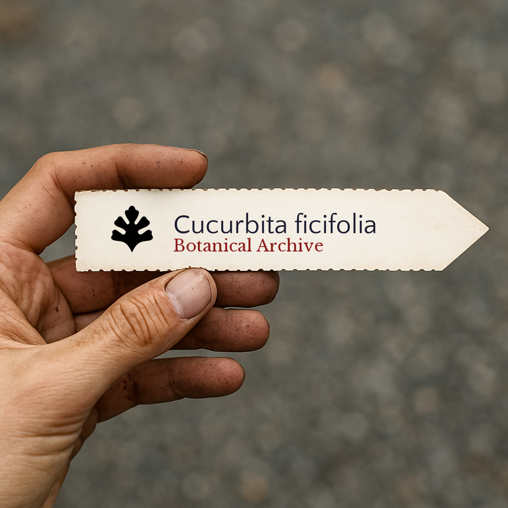Etichetta per pianta stampata per Cucurbita ficifolia tenuta a mano con sfondo di terra