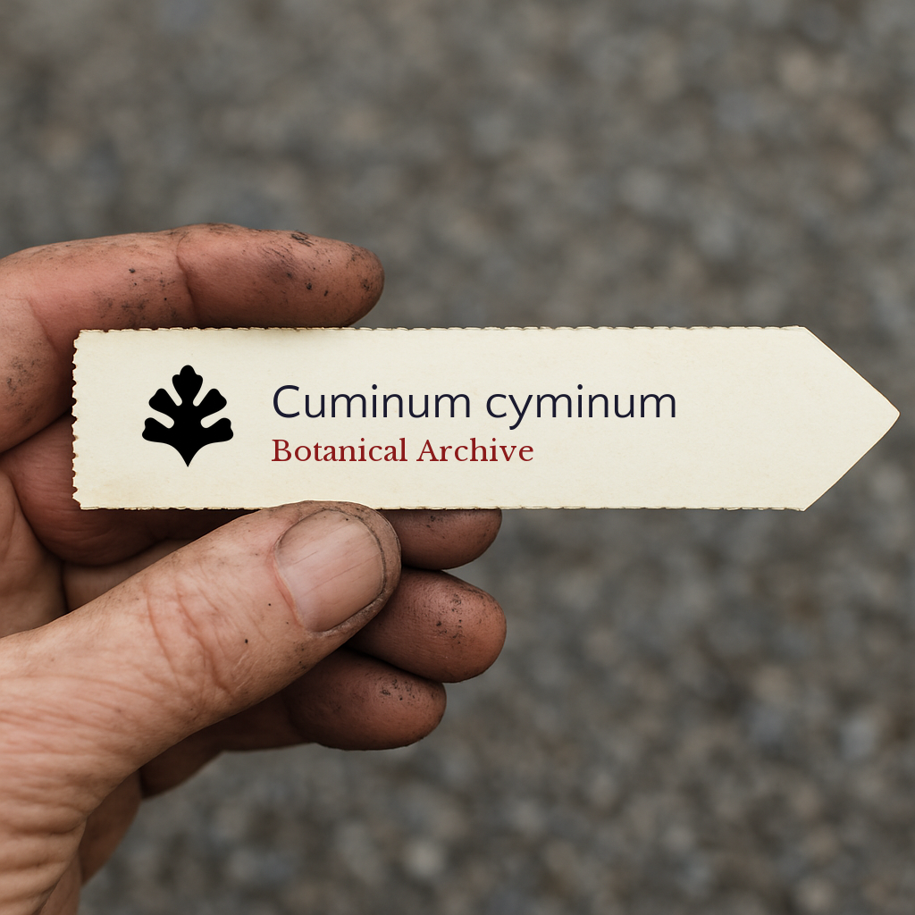 Printed plant label for Cuminum cyminum held by dirty hand outdoors