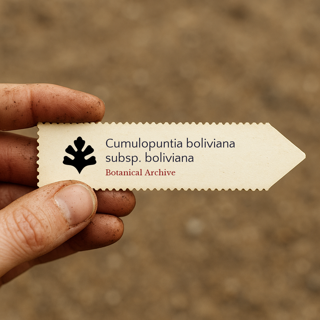 Printed plant label for Cumulopuntia boliviana subsp. boliviana held by hand with soil background