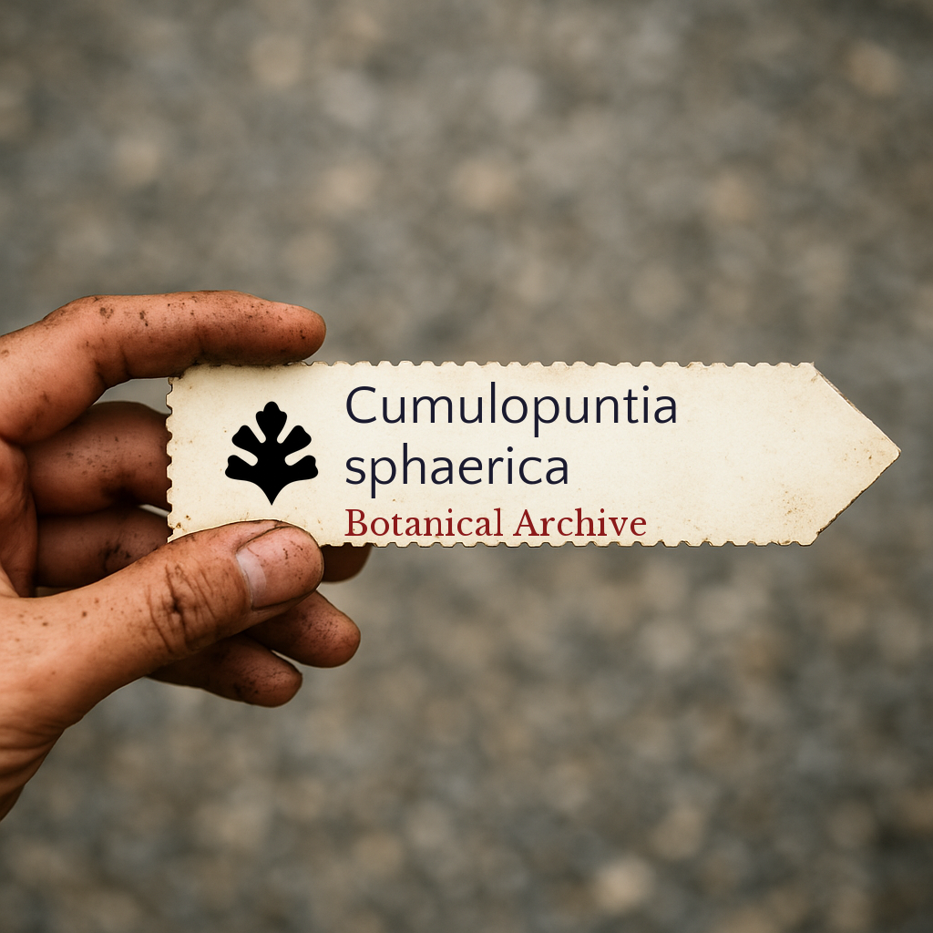 Printed plant label for Cumulopuntia sphaerica with botanical archive logo held by hand