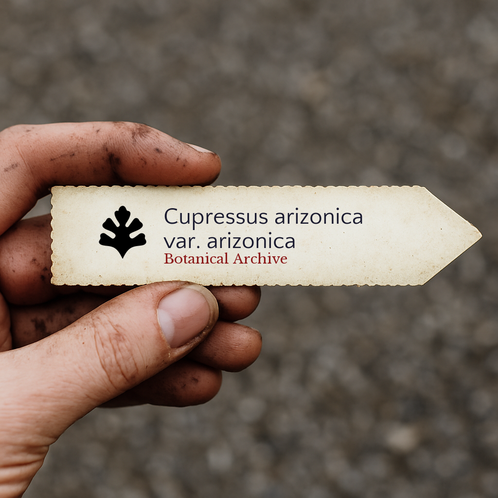 Printed plant label for Cupressus arizonica var. arizonica held by hand with dirt background