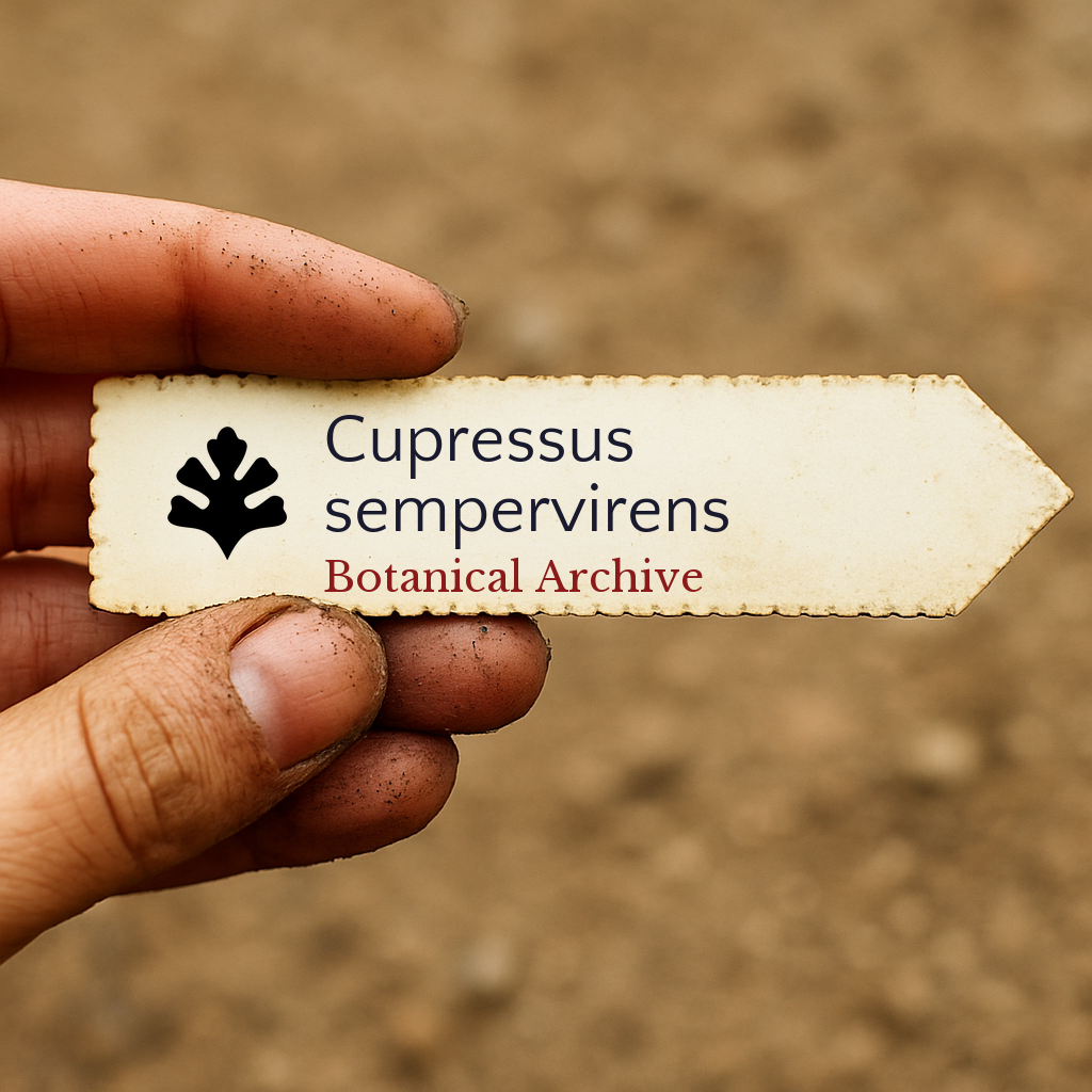 Etichetta per piante stampata per Cupressus sempervirens tenuta da una mano sporca all'aperto