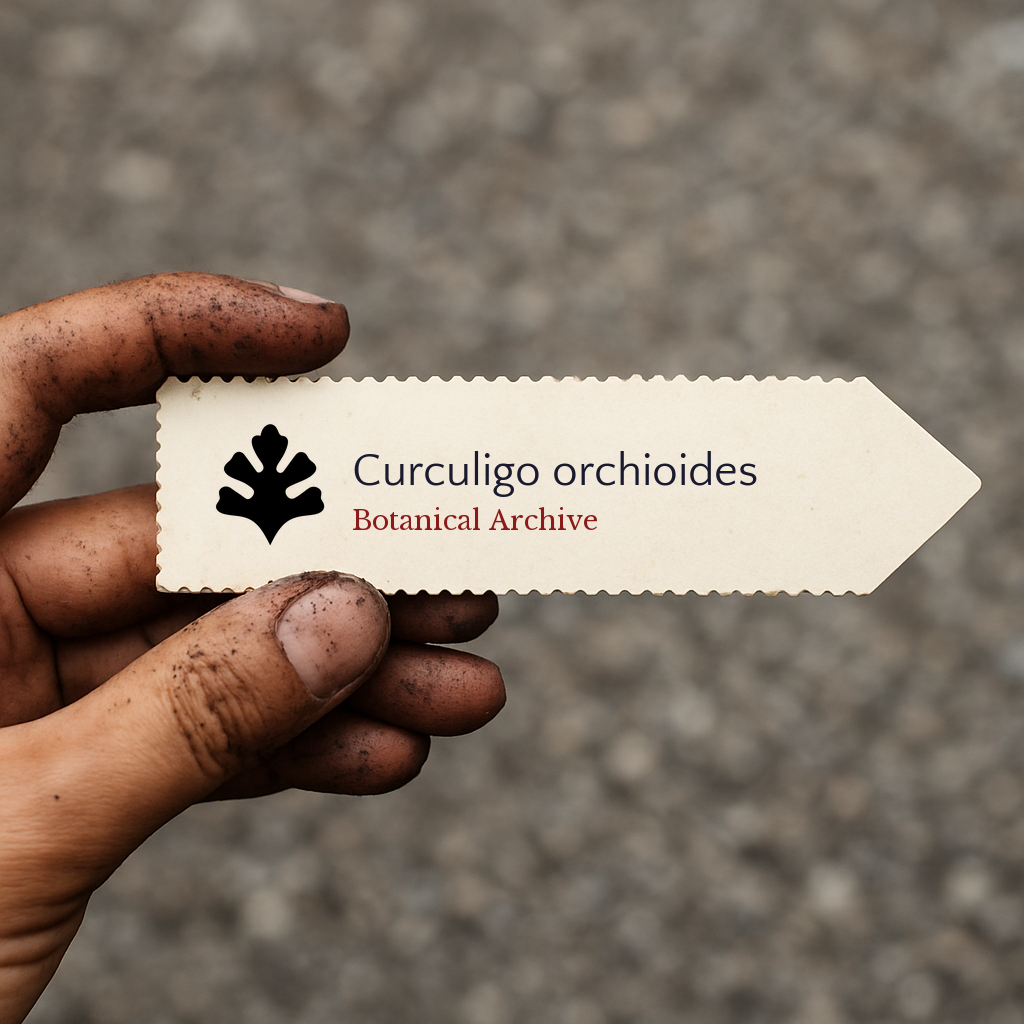 Printed plant label for Curculigo orchioides held by dirty hand with arrow shape